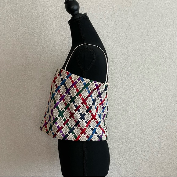 Vintage Embroidered Multicolor Ribbon Spaghetti Straps Sparkly Crop Top - Picture 2 of 7